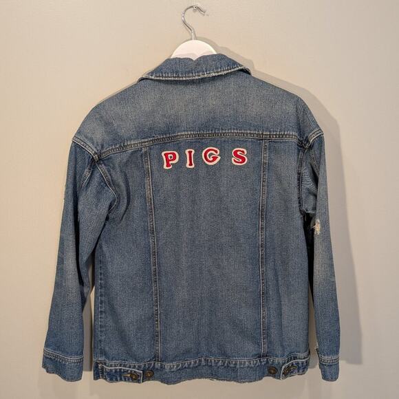 Free People Denim Trucker Jean Jacket PIGS Patch Classic Retro Style - Size XS - Picture 2 of 7